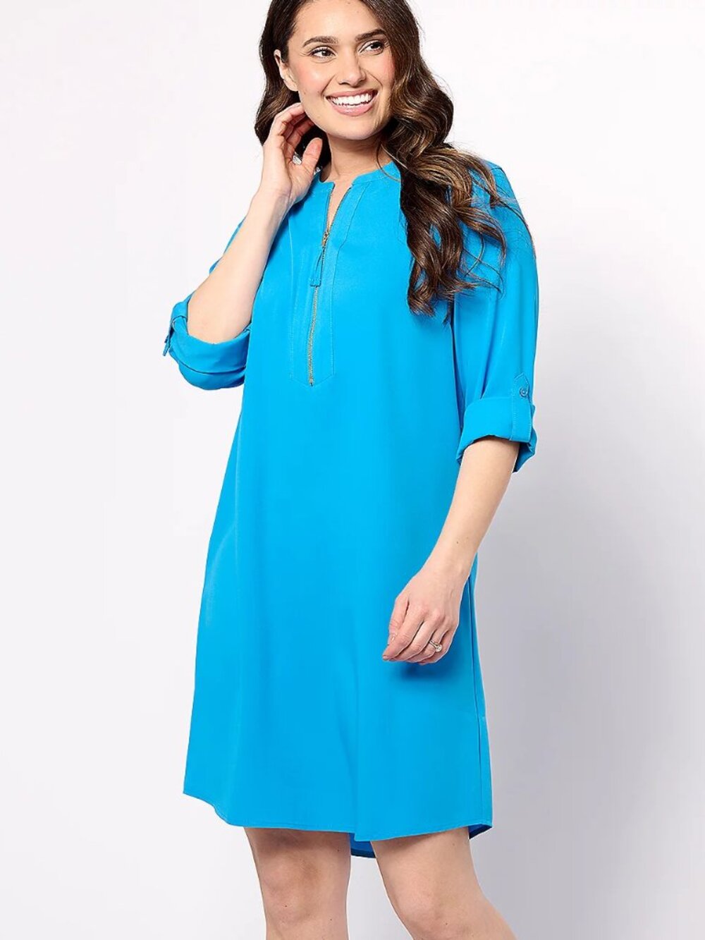 Belle by Kim Gravel Blue Tunic Dress XLP 1/4 Zip Neckline Roll Tab Sleeves NWOT